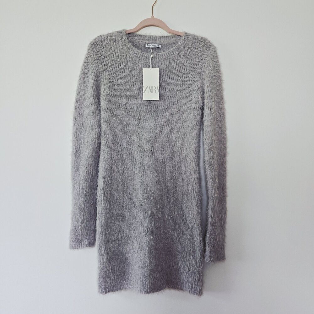 Zara Fuzzy Knit Midi Sweater Dress Women Size Large Gray Open Back Modern New